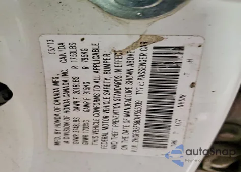 2013 Honda Civic Lx z USA, uszkodzony, nr VIN 2HGFB2F58DH555039